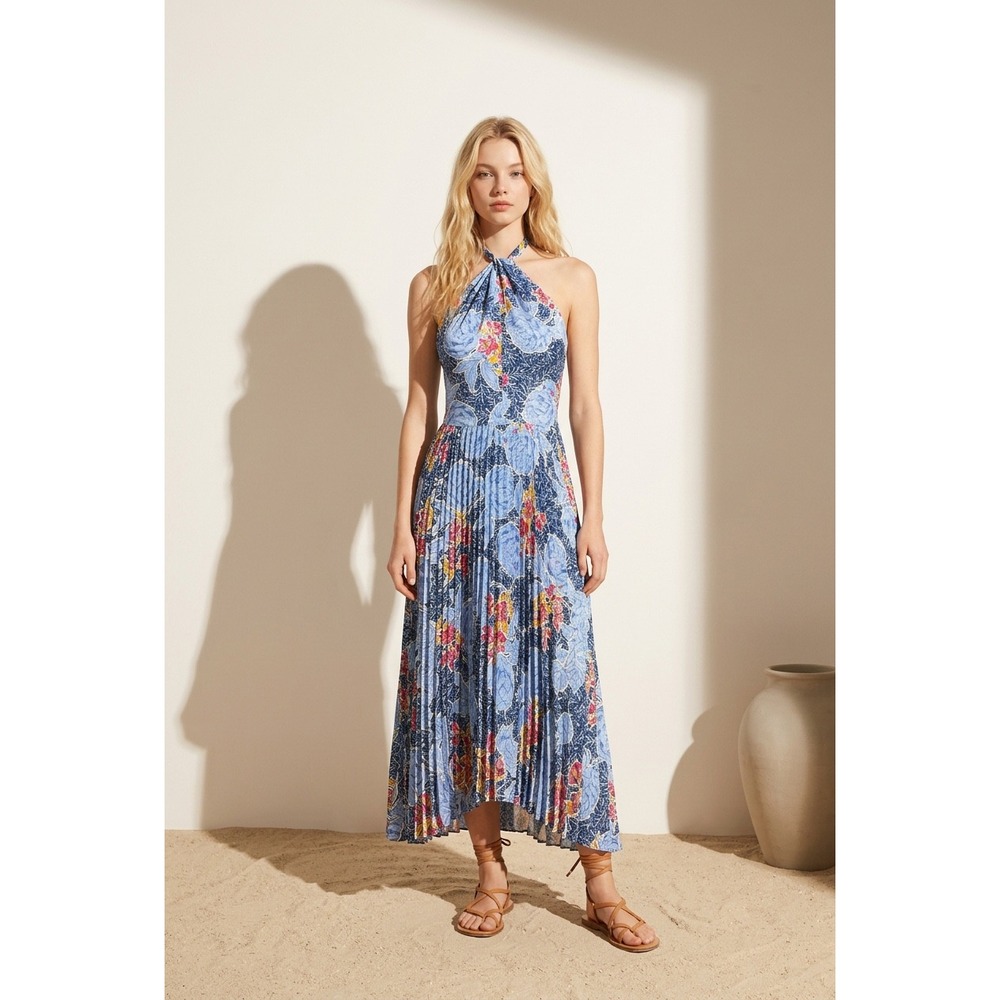 Maggy London Blue Floral Halter Pleated Handkerchief Hem Midi Dress Size 0 - Picture 8 of 8